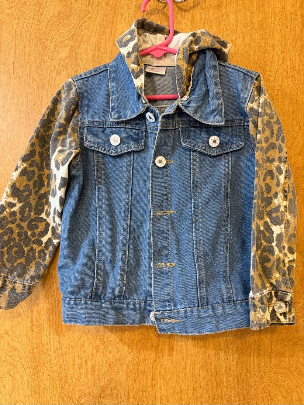 Girls' Denim Jacket with Leopard-Print Hood & Sleeves